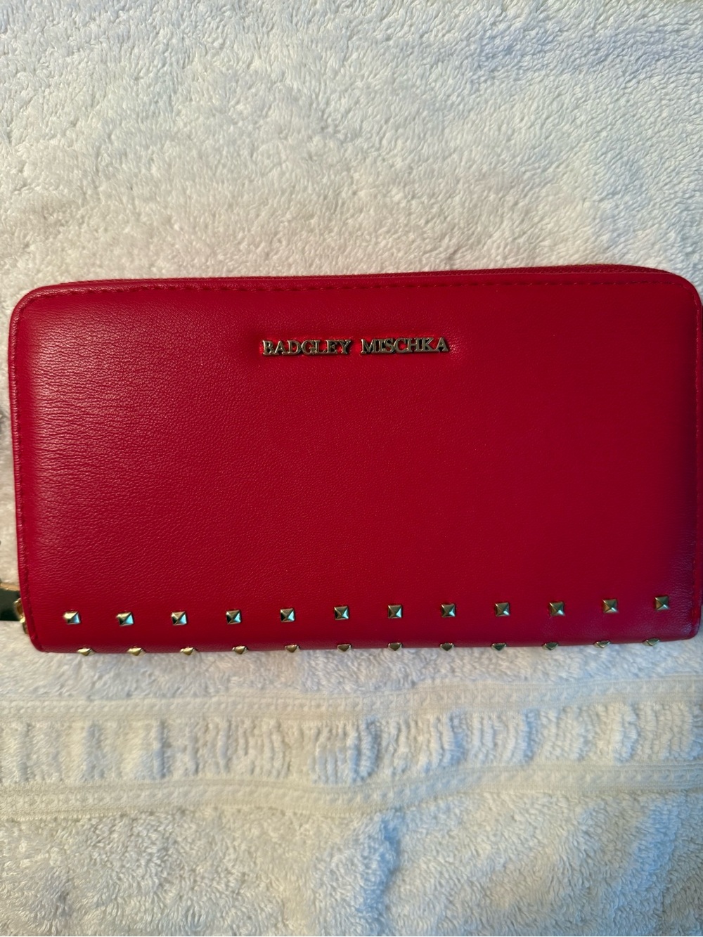 NWT Badgley Mischka Vibrant Red Zip Wallet with Gold Studs
